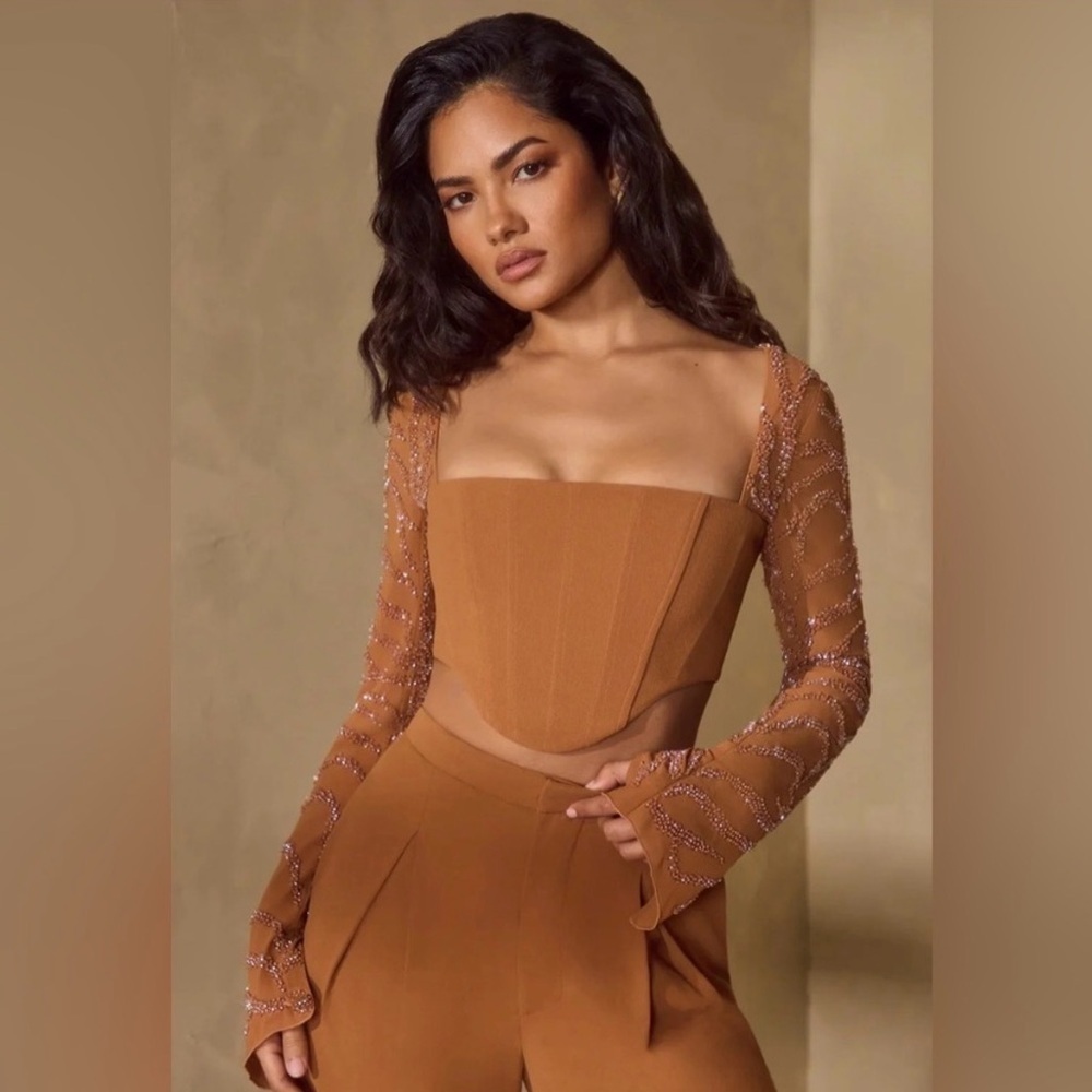 NWT Oh Polly Astra Embellished Sleeve Corset Crop Top in Caramel